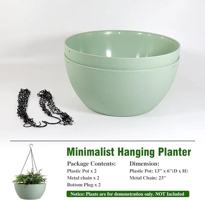 13 inch Large Hanging Planters Plant Pots for Outdoor Indoor Plants with Drainage Holes and Chain, 2 Pack Round Hanging Flower Pots for Garden Home Porch Decor, Green by GreenHaven Gardens