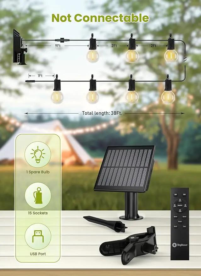 Brightown Solar String Lights Outdoor Waterproof with Remote Cable Ties and Hooks, 38FT Patio Lights with 15 LED Shatterproof Bulbs, 3 Light Modes, Dimmable Hanging Lights for Backyard Party Decor by GreenHaven Gardens