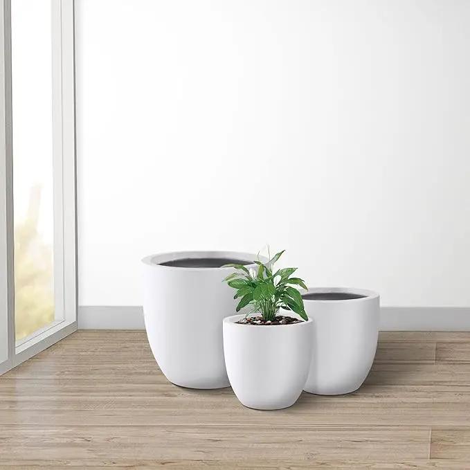 Kante 18",14",10" Dia Concrete Round Planters (Set of 3), Outdoor Indoor Large Planter Pots with Drainage Hole and Rubber Plug for Home Patio Garden, Pure White by GreenHaven Gardens