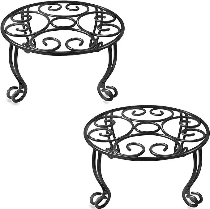 Metal Outdoor Plant Stand 11.8IN Diameter Heavy Duty Plant Pot Stands for Indoor Round Flower Pot Support Rack Set of 2,Black by GreenHaven Gardens