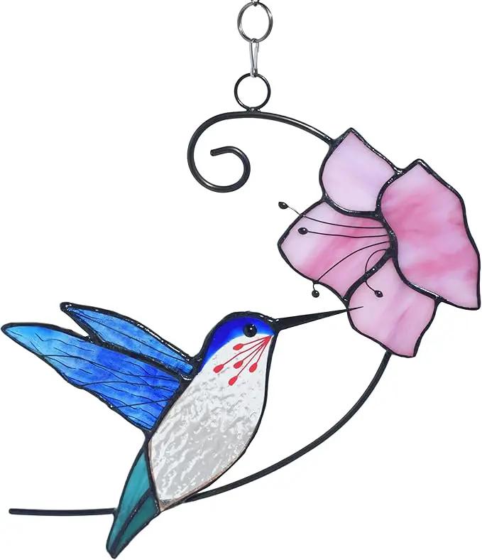 Lolitarcrafts Hummingbird with Flower Stained Glass Suncatcher Bird Stained Glass Window Hangings Hummingbird Gift for Home Decor (Blue with Flower) by GreenHaven Gardens