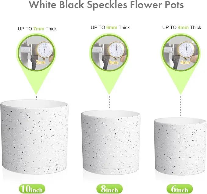 10/8/6 inch Deep Flower Pots, Cylinder Large Plant Pots for Outdoor Indoor Plants, 3 Pack Tall Plastic Planters with Drainage Holes and Saucers for Garden House Plants, Speckled White by GreenHaven Gardens