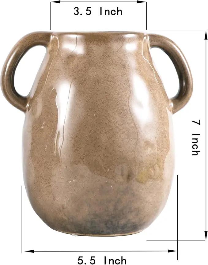 Brown Ceramic Vase with 2 Handles, Modern Farmhouse Decor, Rustic Terracotta Pottery, Decorative Flower Vases, Clay Small Vase, Centerpiece for Dining Table - 7 Inch Tall by GreenHaven Gardens