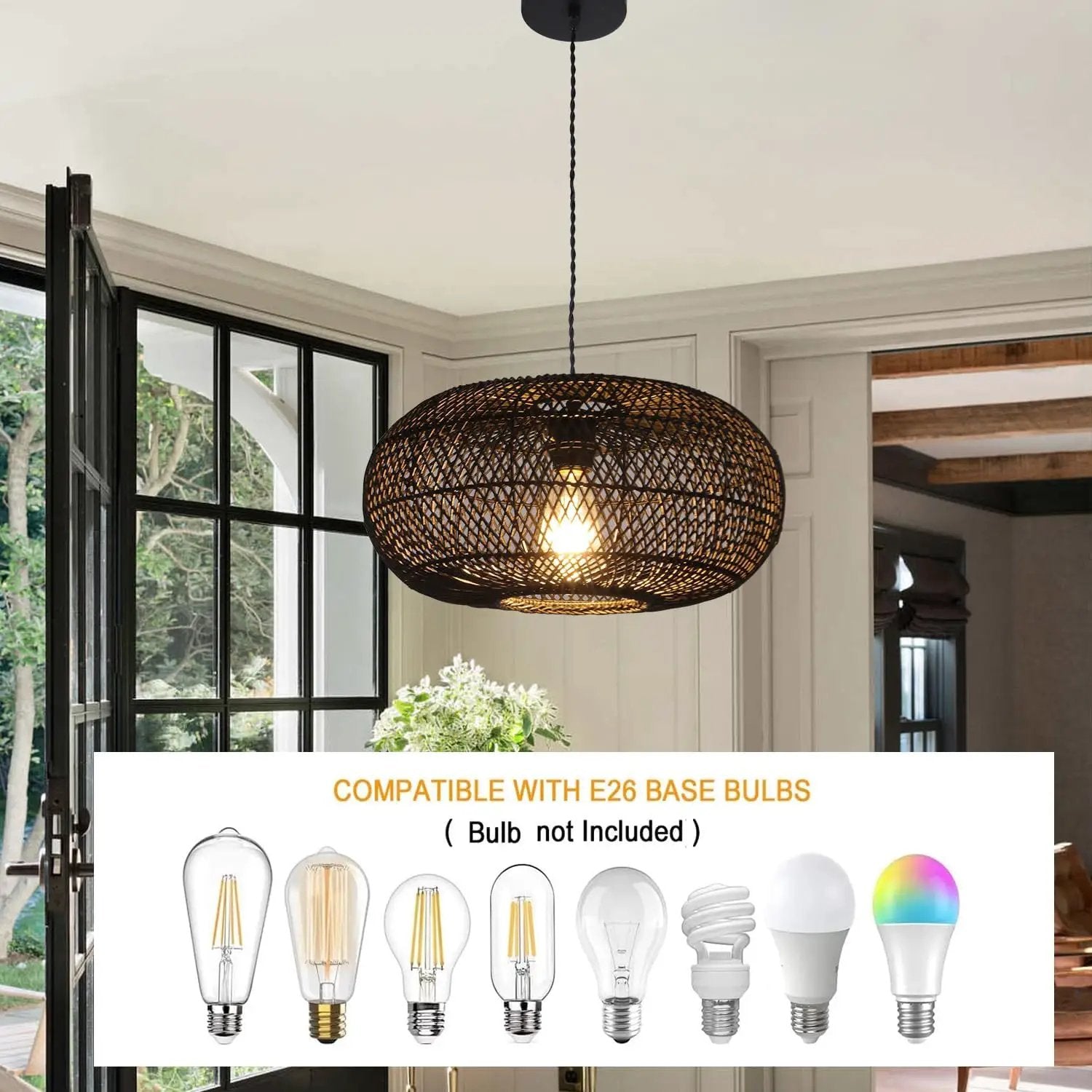 Rattan Pendant Light 15.75" 1-Light Hand-Woven Bamboo Rattan Hanging Lamp Large Globe Wicker Chandelier Modern Bohemian Adjustable Pendant Lamp for Kitchen Island Farmhouse Outdoor Porch Black.… by GreenHaven Gardens