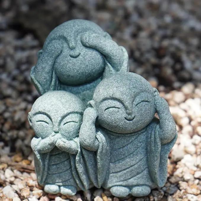OwMell 3 Japanese Jizo Statue Stone Japanese Buddha Jizo Monk Statue Figurine Memorial Statue Aquarium Decoration Garden Outdoor Ornament 3"" - No Evil, Gray by GreenHaven Gardens