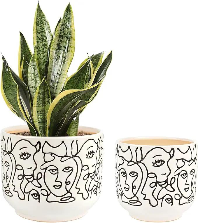 Docrin Plant Pots Indoor with Drainage : 6.6+5.4 Inch Ceramic Flower Pots for Plants - Set of 2 Modern Decorative Face Planters for House/Office/Gift - /Black and White by GreenHaven Gardens