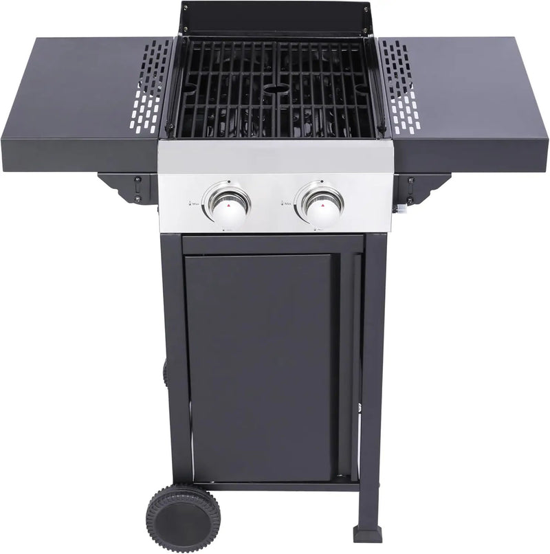 2-Burner Propane Gas BBQ Grill with Pizza Box, 24,600 BTU Output, Wire Enamel Grids, Foldable Side Table and Hanging Basket, Stainless Steel Patio Grill by GreenHaven Gardens