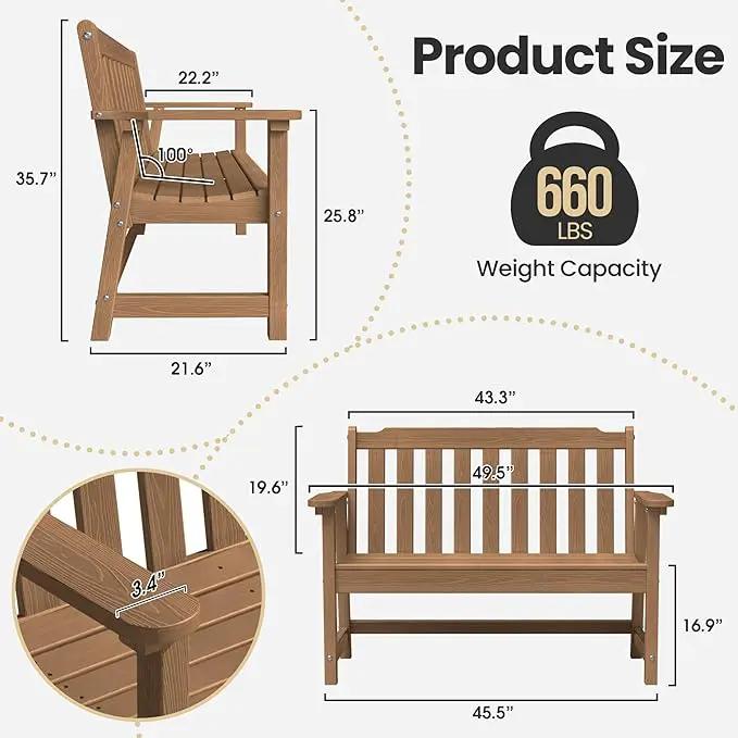 Ciokea 46" Heavy Duty Outdoor Bench, HDPE Weatherproof Garden Benches, Durable 2-Person Benches with 660 Lbs, Waterproof Patio Porch Bench for Outside Balcony Deck Backyard, Teak by GreenHaven Gardens