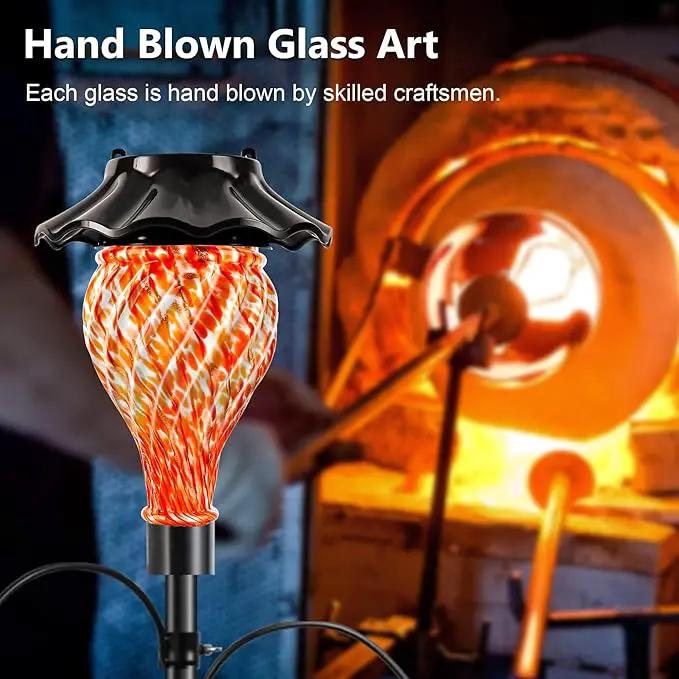 Solar Shepherds Hooks with Hand Blown Glass Lamp, Decorative RGB Lights, 4 Hooks & 1 Flag Holder, Heavy Duty Stand for Hanging Hummingbird Feeder, Bird Feeder, Plant, Garden Path Light (Red) by GreenHaven Gardens