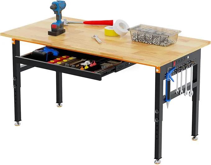 60" Adjustable Height Workbench, 2000 LBS Heavy Duty Work Table with Power Outlets & Pegboard, Rubber Wood Workstation for Garage, Workshop, Office, Home, Commercial by GreenHaven Gardens