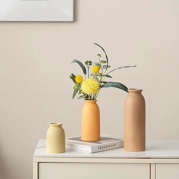 Ceramic Vase Set-3, Small Flower Vases for Decor, Modern Boho Farmhouse Style, Decorative Vases for Pampas Grass & Dried Flowers, Distressed Finish (Brown Mix) by GreenHaven Gardens