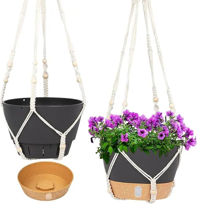 QCQHDU 2 Pack Hanging Planters for Indoor Plants, Outdoor Hanging Baskets, Self Watering Pots with Drainage Holes & Removable Tray (Dark Grey, 8 inch, Macrame Hanger) by GreenHaven Gardens