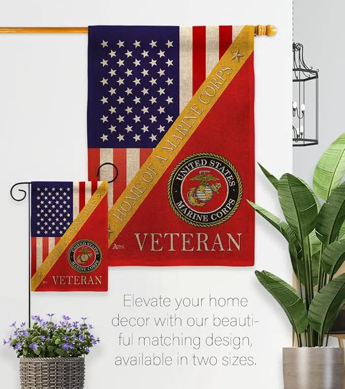 Home of Marine Corps Burlap Garden Flag - Set with Stand Armed Forces USMC Semper Fi United State American Military Veteran Retire Official House Banner Cemetery Yard Rememberance Veterans Day Gifts by GreenHaven Gardens