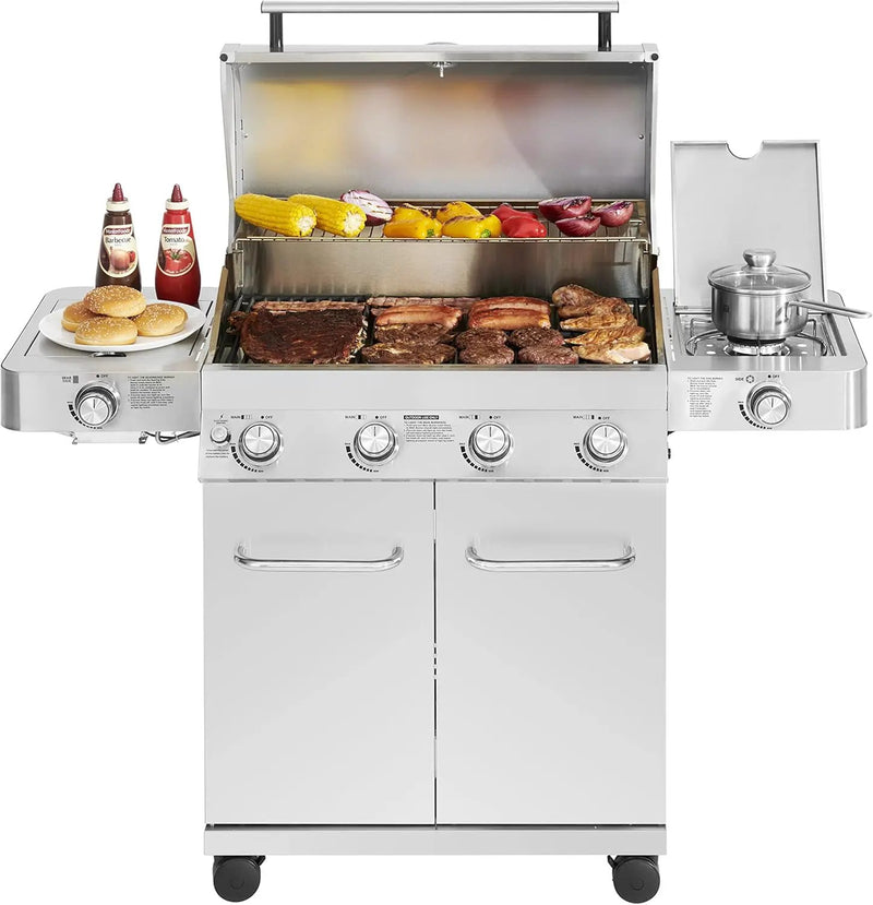 Monument Grills Larger 4+2 Burner Propane Gas Grills Stainless Steel Cabinet Style with Side & Side Sear Burners, Built-In Thermometer, and Knob Controls by GreenHaven Gardens
