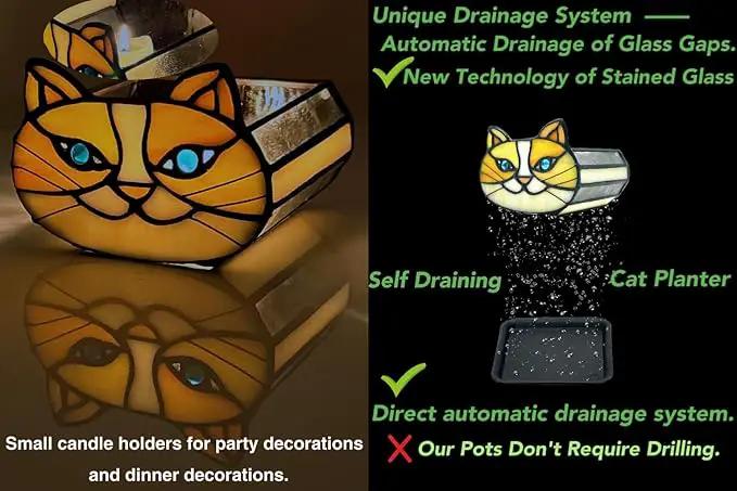 Stained Glass Yellow Cat Flower Pot,Small Succulent Planter for Indoor Plants,Cat Plant Decoration for Windowsill 4.33x3.54x2.95 in（Excluding Plants） by GreenHaven Gardens