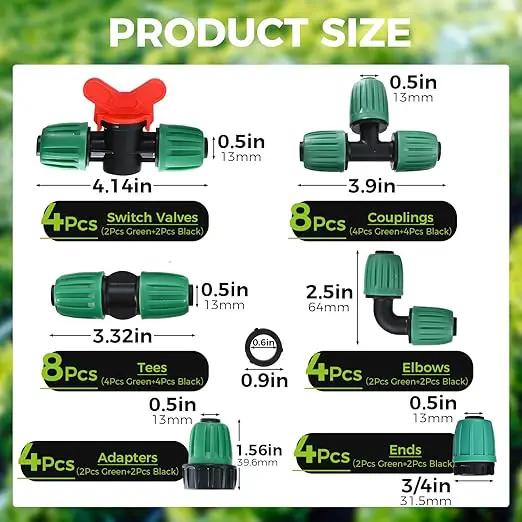 32Pcs 1/2 Inch Tubing Drip Irrigation Fittings Kit, 1/2 ID x 0.6-0.63 OD 16 mm Drip Line Barbed Locked Nut Connectors - 4 Switch Valves, 8 Tees, 8 Couplings, 4 Elbows, 4 Ends, 4 Adapters by GreenHaven Gardens