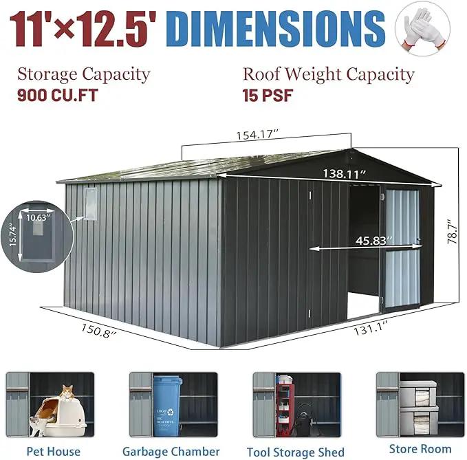 Domi Backyard Storage Shed 11’ x 12.5’ with Galvanized Steel Frame & Windows, Outdoor Garden Shed Metal Utility Tool Storage Room with Lockable Door for Patio(Dark Gray) by GreenHaven Gardens