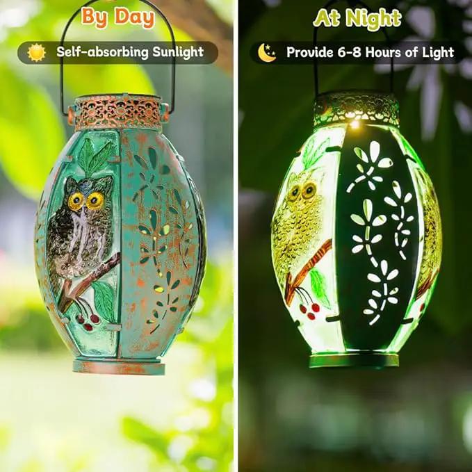 Starsoul Owl Outdoor Solar Lantern Waterproof Metal & Stained Glass Owl Lamp Lights for Yard Patio Garden Tabletop Pathway Decor Gifts for Woman by GreenHaven Gardens