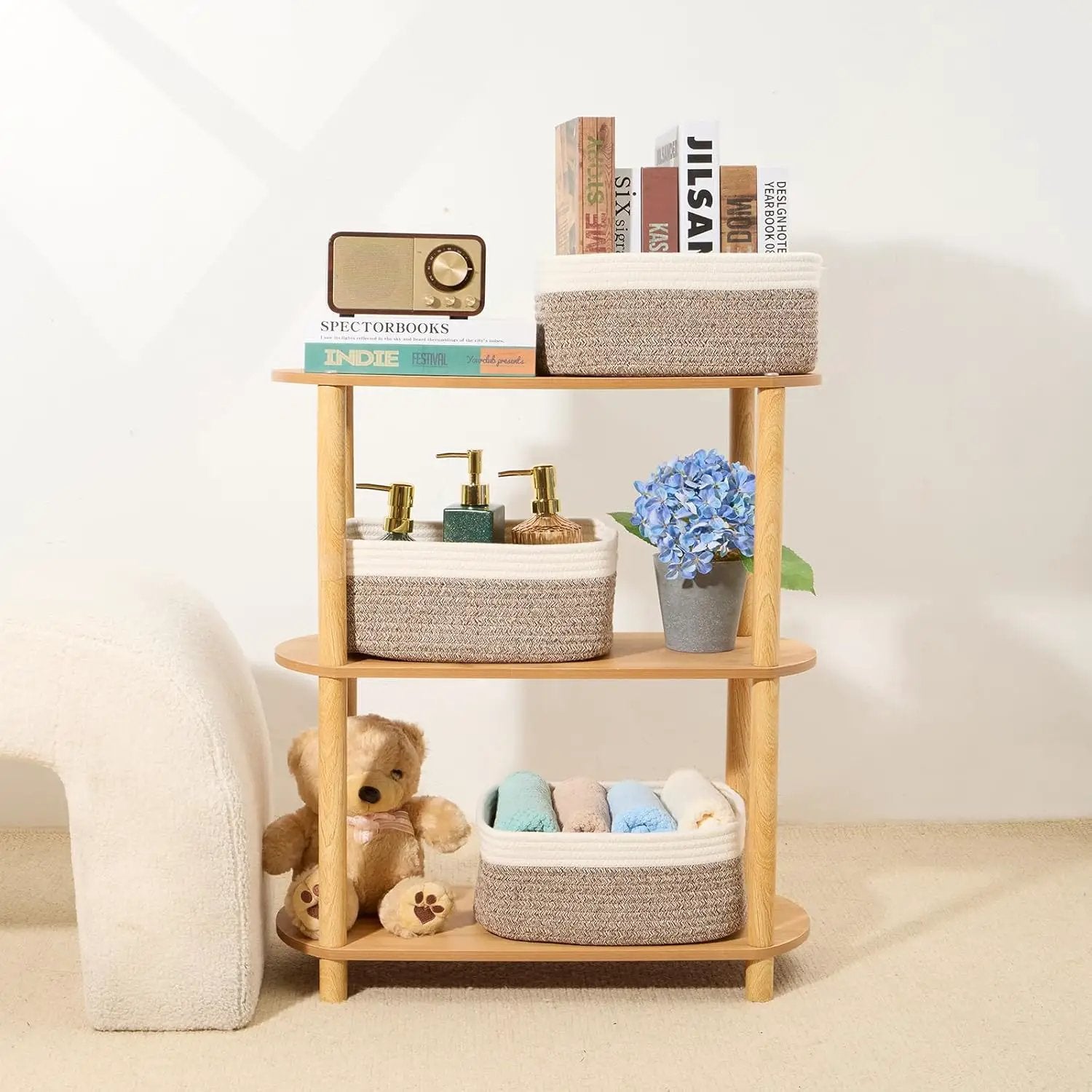 Small Storage Baskets for Organizing | Closet Organizer Bins | Shelf Toy Basket | Woven Rope Baskets | Cube Decorative Box | Shallow Basket | 13x8.5x5.1” | 3 Packs White Brown by GreenHaven Gardens