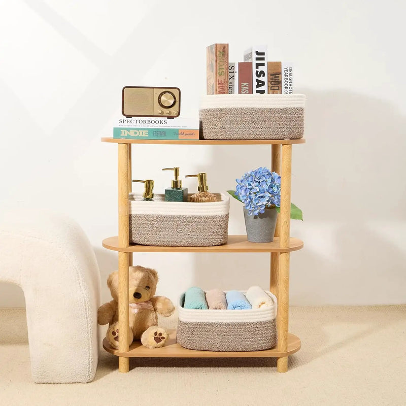 Small Storage Baskets for Organizing | Closet Organizer Bins | Shelf Toy Basket | Woven Rope Baskets | Cube Decorative Box | Shallow Basket | 13x8.5x5.1” | 3 Packs White Brown by GreenHaven Gardens