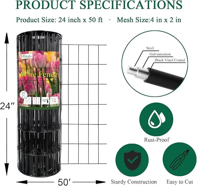 Black PVC Coated Welded Wire Fence 24 Inch x 50 Foot, 2 Inch x 4 Inch 15GA, Garden Border Fencing Roll Vinyl Coating Metal Wire Mesh Hardware Cloth for Yard Vegetable Plant Protection by GreenHaven Gardens