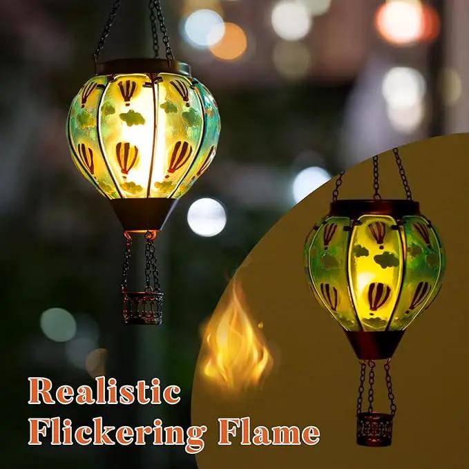 Solar Hot Air Balloon Lantern Flickering Flame, Sky Blue Glass Hot Air Balloon Solar Lantern Outdoor Waterproof, Decorative Hanging Hot Air Balloon Solar Light for Outside Garden Patio Yard by GreenHaven Gardens