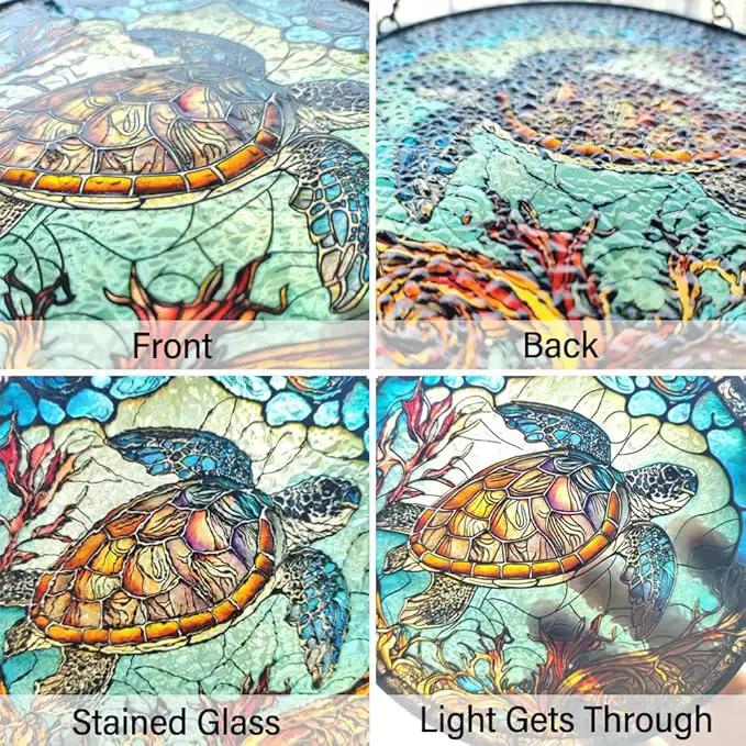 Sea Turtle Decor Suncatcher Stained Glass Window Hanging - Handmade Stained Glass Suncatchers Hangings with Hooks - Sea Art Glass Outdoor Garden Decor Gift for Women Him Valentines Day Birthday Gifts by GreenHaven Gardens