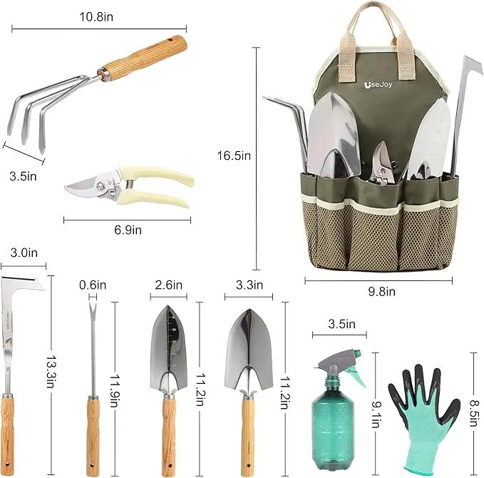 Gardening Tools Set of 9 Garden Hand Tools with Wooden Handles with Garden Bag for Tools Durable Hand Tools for Gardening,Weeding,Ideal Gifts for Women,Men,Parents and Grandparents by GreenHaven Gardens