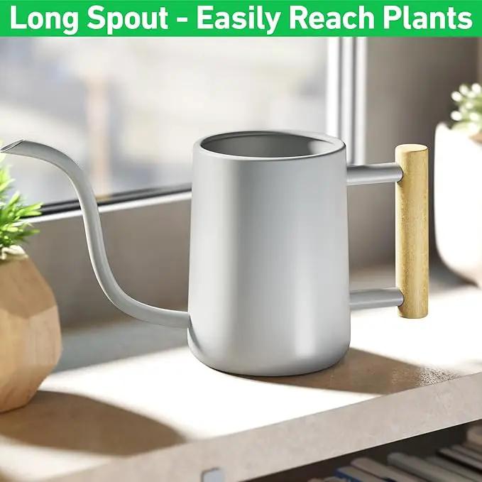 35 oz Metal Small Indoor Watering Can with Long Spout & Real Wood Handle for House Plants, Succulents, Cacti & Seedlings - Gray Long Spout Watering Can Indoor Plants - Stylish, Gentle Flow, No Spills by GreenHaven Gardens