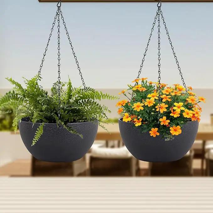 10 inch Hanging Planters for Indoor Outdoor Plants, 2 Pack Hanging Flower Pots with Drainage Holes and Chain for Garden Porch Plants, Round Plastic Hanging Baskets for House Plants, Black by GreenHaven Gardens