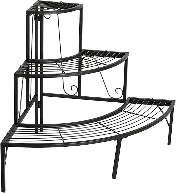 DOEWORKS 3 Tier Plant Stand Flower Pot Rack, Quarter Round Plant Corner Shelf Planters Display Holder orchid shelves for Indoor Outdoor Use, Black by GreenHaven Gardens