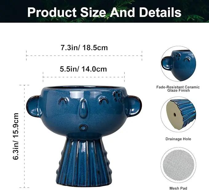 Head Planter Pot - 7 Inch Cute Face Planter for Indoor Outdoor Plants Ceramic Succulent Pot Round Flower Pot Present for Mother Christmas with Drainage Hole Blue by GreenHaven Gardens