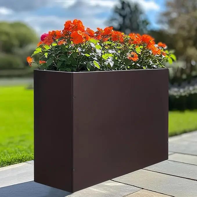 Metal Rectangular Planter Box Tall Planters for Outdoor Plants Modern Heavy Duty with Drainage Holes for Outside Indoor Patio Deck - Brown, 32”x 12”x 24” by GreenHaven Gardens