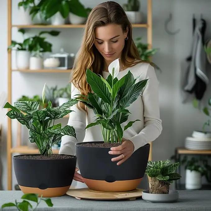 8/10/12 Inch Pots for Indoor Plants, Large Self Watering Planters with Drainage and Saucers, Plastic Outdoor Flower Pot, Set of 3, Grey by GreenHaven Gardens