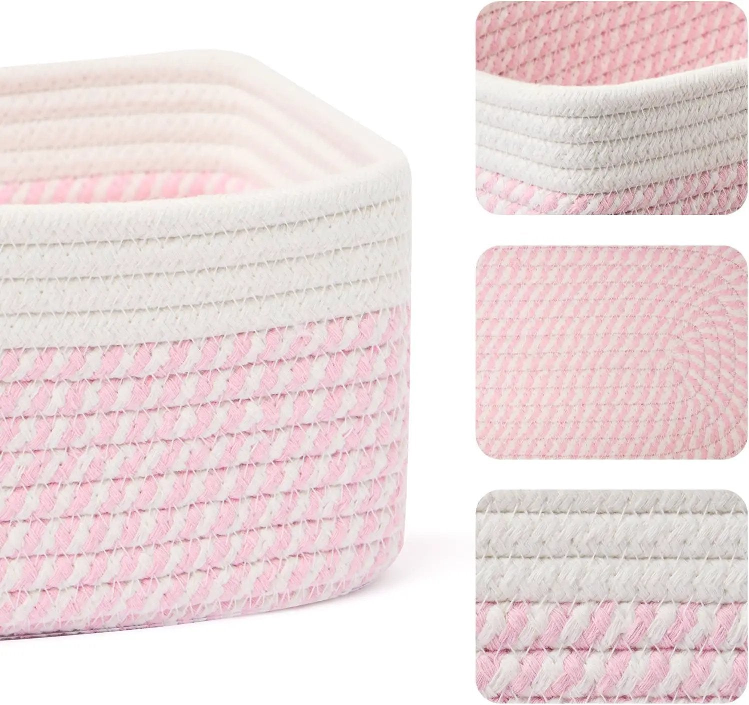 Small Storage Baskets for Organizing | Closet Organizer Bins | Shelf Toy Basket | Woven Rope Baskets | Cube Decorative Box | Shallow Basket | 11.5x7.5x4.7” | 3 Packs White Pink by GreenHaven Gardens