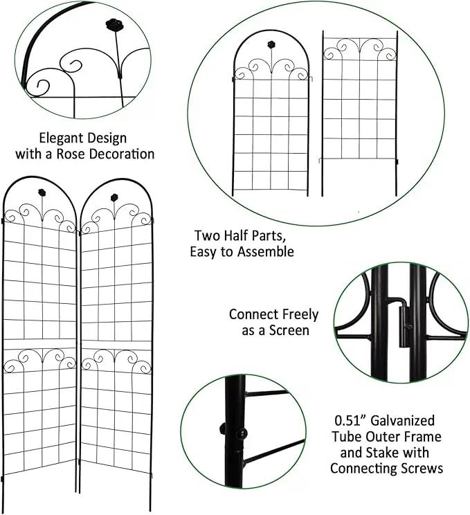4 Pack Metal Garden Trellis 86.7" H Garden Fence Rustproof Trellis for Climbing Plants Support Roses Flower Outdoor Lawn, Black Galvanized Tube by GreenHaven Gardens