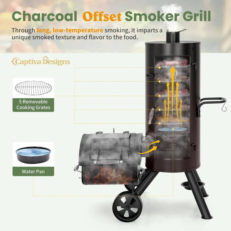 Captiva Designs Charcoal Vertical Smoker Grill and Offset Smoker Grill Combo, Extra Large Outdoor Barrel BBQ Meat Smoker with 5 Removable Smoking Grates & Built-in Hooks for Various Meat Foods by GreenHaven Gardens