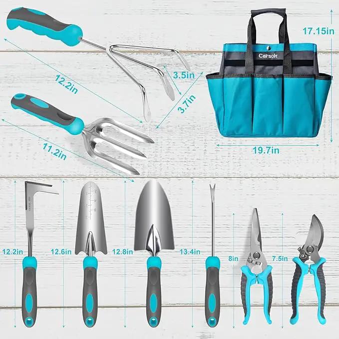 Gardening Tools, Carsolt 10 Piece Heavy Duty Stainless Steel Garden Tools Set with Ergonomic Rubber Handle. Variety of Gardening Hand Tools for Planting Gardening Kit with Gift Box Ideal Garden Gifts by GreenHaven Gardens
