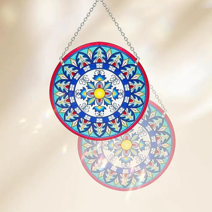 Mandala Suncatcher Stained Glass - Handmade Gifts for Women, Suncatchers for Windows - Window Hangings with Chain and Hook, 6 inch Stained Glass Suncatcher for Mom by GreenHaven Gardens