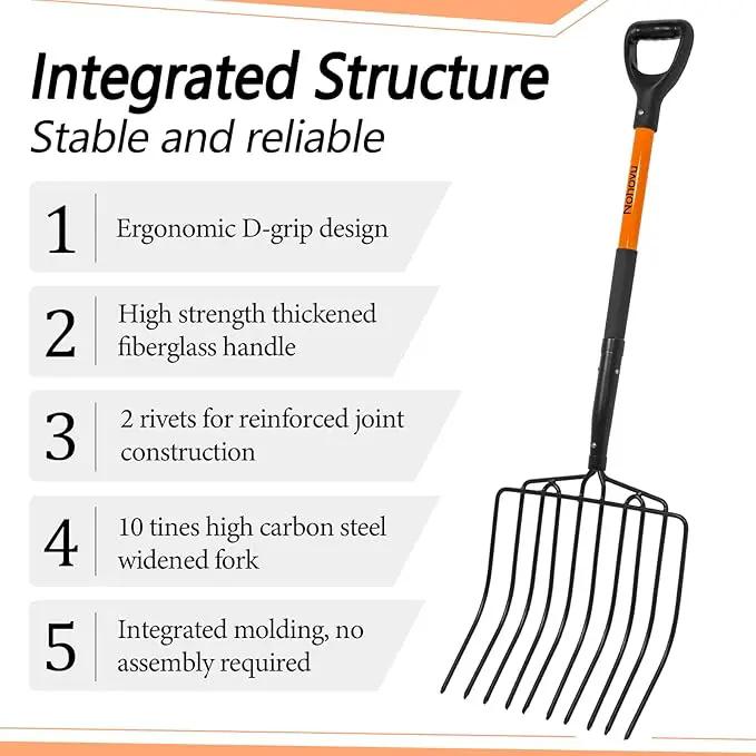 Pitchfork for Gardening, 10 Tines Pitch Fork with Non-Slip Handle, Heavy Duty Pitch Fork for Mulching, 45 Inches by GreenHaven Gardens