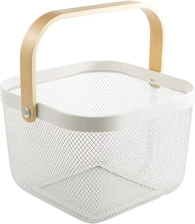 Metal Mesh Steel Basket, Storage Organizer Basket Multi-functional Hanging Kitchen Baskets Fruit Basket Bin with Bamboo Handle for Kitchen Bathroom Picnic Shopping Decor Cabinet Home, White by GreenHaven Gardens