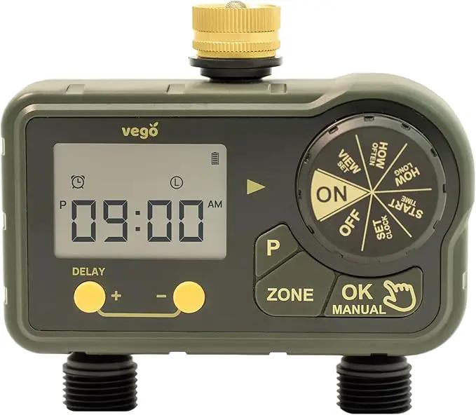 Vego 2 Zone Sprinkler Timer with Brass Inlet- Watering Timer for Garden Hose with Dual Channel Programmable Rain Delay/Manual Watering/Automatic Irrigation - Water Hose Timer for Yard Lawn by GreenHaven Gardens