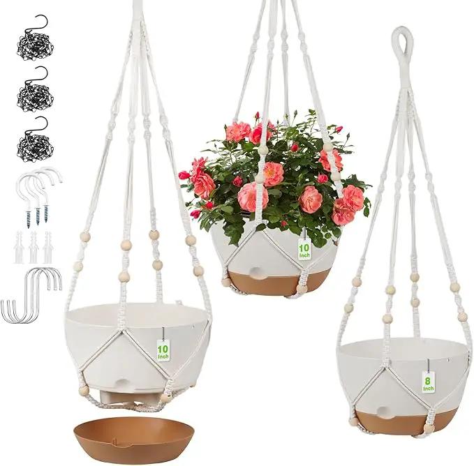 3 Pack Hanging Planters for Indoor Plants, 10 + 10 + 8 Inch Self-Watering Hanging Plant Pot, Macrame Plant Hanger with Pot, Ceiling Hooks, Removable Saucer and Drainage Holes for Garden Home - White by GreenHaven Gardens
