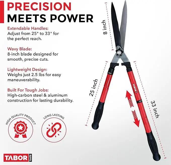 TABOR TOOLS B212A Telescopic Hedge Shears with Wavy Blade and Extendable Steel Handles. Extendable Manual Hedge Clippers for Trimming Borders, Boxwood, and Tall Bushes. by GreenHaven Gardens