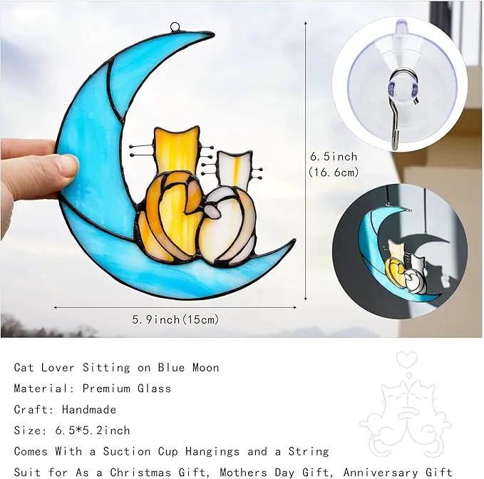 HDCRYSTALGIFTS Couple Cat Sitting on Moon Stained Glass Window Hanging, Modern Art Suncatcher for Window, Wall Decor,Cat Lover Gifts for Women/Girls by GreenHaven Gardens
