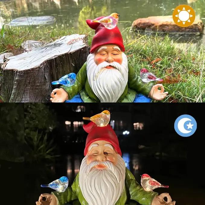 Solar Powered Gnome with Red Hat and 3 Birds Decorated Solar Light, Garden Decorations Statues, Garden Light Decor for Lawn Ornaments, Resin Garden Figurines (Gnome with 3 Birds) by GreenHaven Gardens