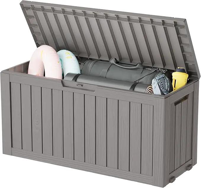 KAMABOKO Deck Box, 75 Gallon Resin Indoor and Outdoor Storage Boxes Waterproof for Garden Tools, Pool Accessories Storage Bench, Patio Furniture and Cushions with Lockable Lid, Grey by GreenHaven Gardens