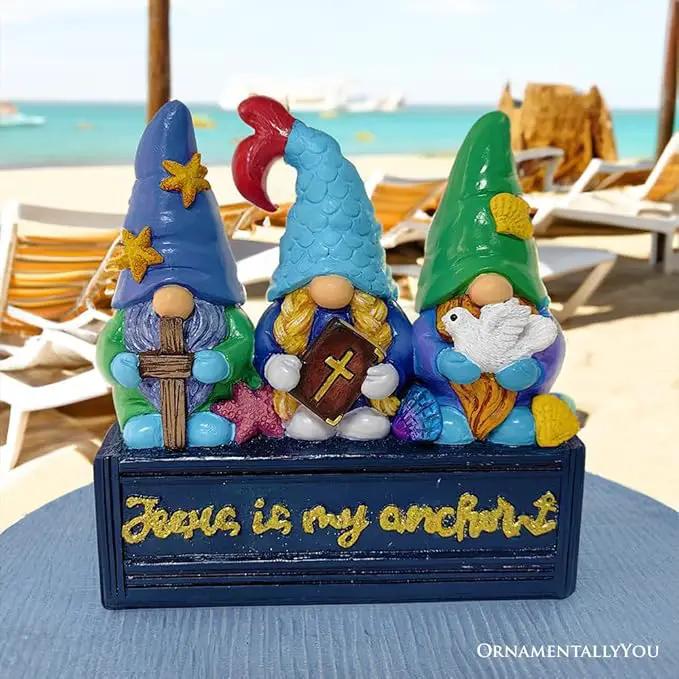 Spring & Summer-Themed Garden Statues – Adorable Outdoor Decor for Lawn, Patio & Porch (Nautical Themed Religious Gnome Figurine, Jesus is My Anchor 6" Beach House Statue) by GreenHaven Gardens
