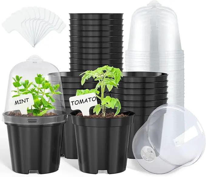 homenote Nursery Pots for Plants,4 Inch Plant Pot for Planting with Humidity Domes Plastic Seedling with Drainage Holes Seed Starter Flower with 10 Labels Black (30 Pack) by GreenHaven Gardens