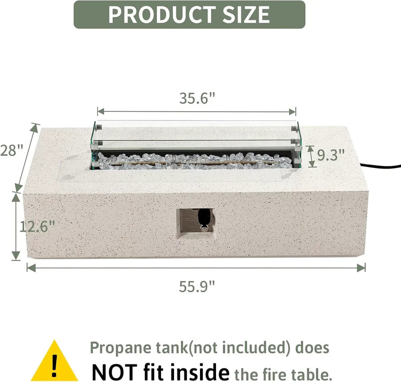 COSIEST Outdoor Propane Fire Pit Table, 56" x 28" Rectangle Terrazzo White Concrete-Like Finish, CSA Certified, 50,000 BTU Stainless Steel Burner w Transparent Gray Fire Glass, Wind Guard, Raincover by GreenHaven Gardens